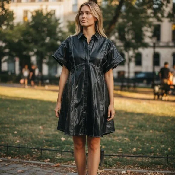 THML Black Faux Leather Mini Dress with Contrast Stitching – Size M - Picture 3 of 9